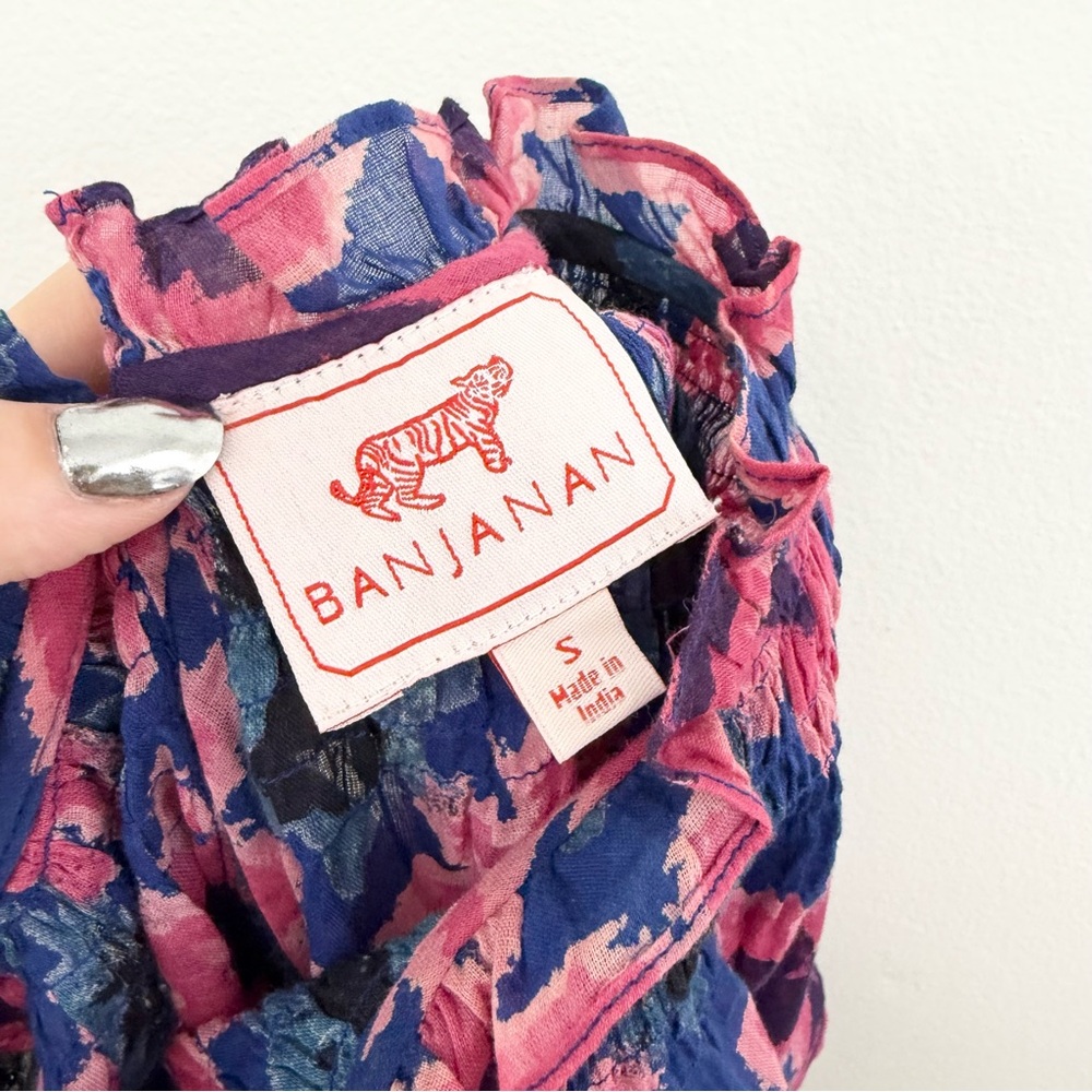 Banjanan Dahlia Smocked Floral Blouse Blue Pink Boho Cotton Top Size S - Picture 4 of 6